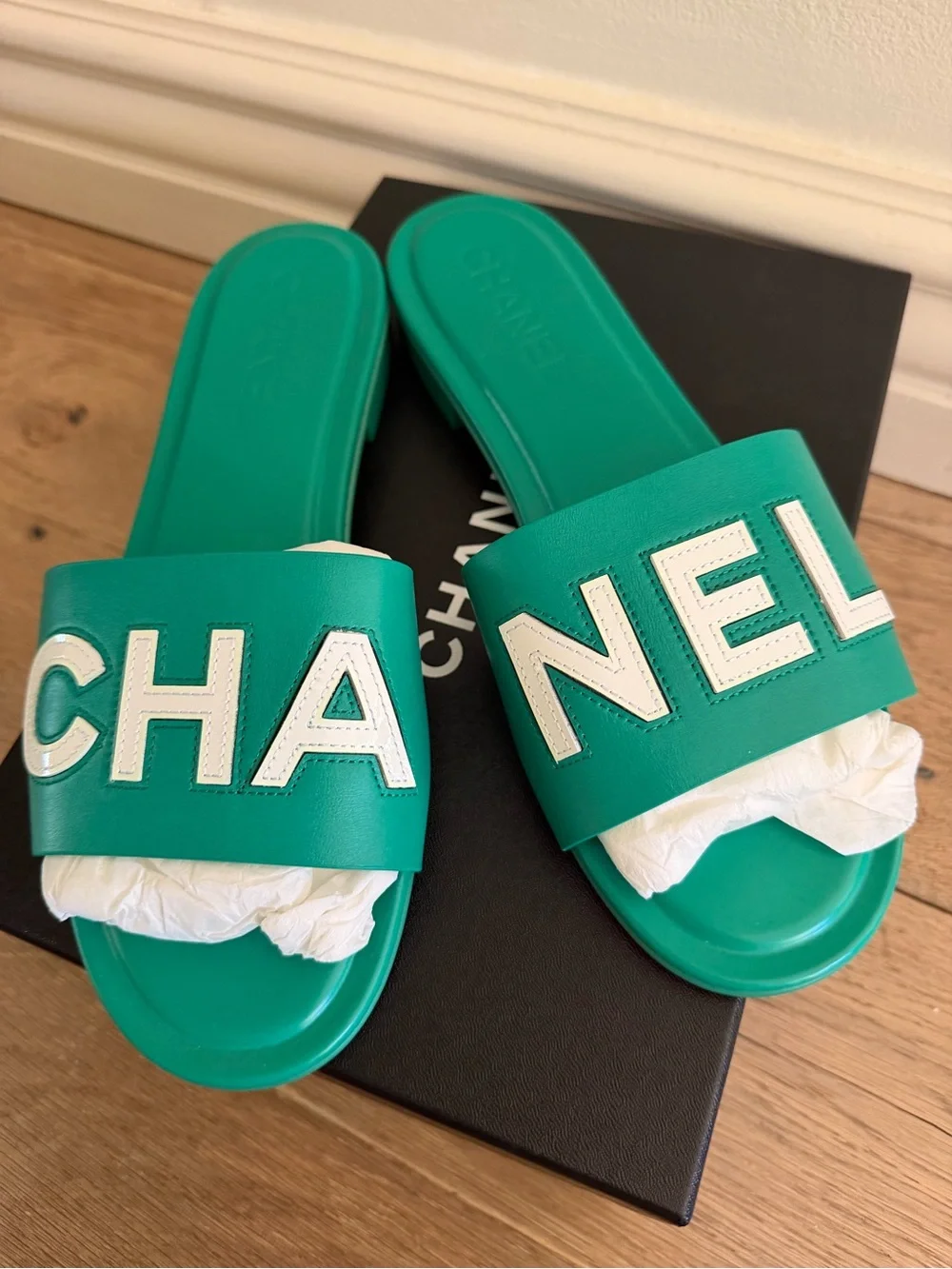 CHANEL Green Slide Sandals with White Logo Panel